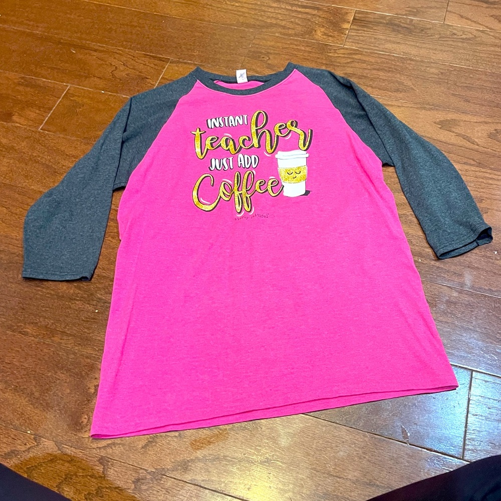 Elephant Pink Gray Instant Teacher Just Add Coffee 3/4 Sleeve T shirt Sz Medium